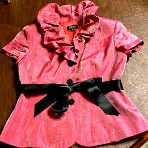 Adrianna Papell Pink Metallic Ruffled Short Sleeve Top Black Bow Belt Button Fro